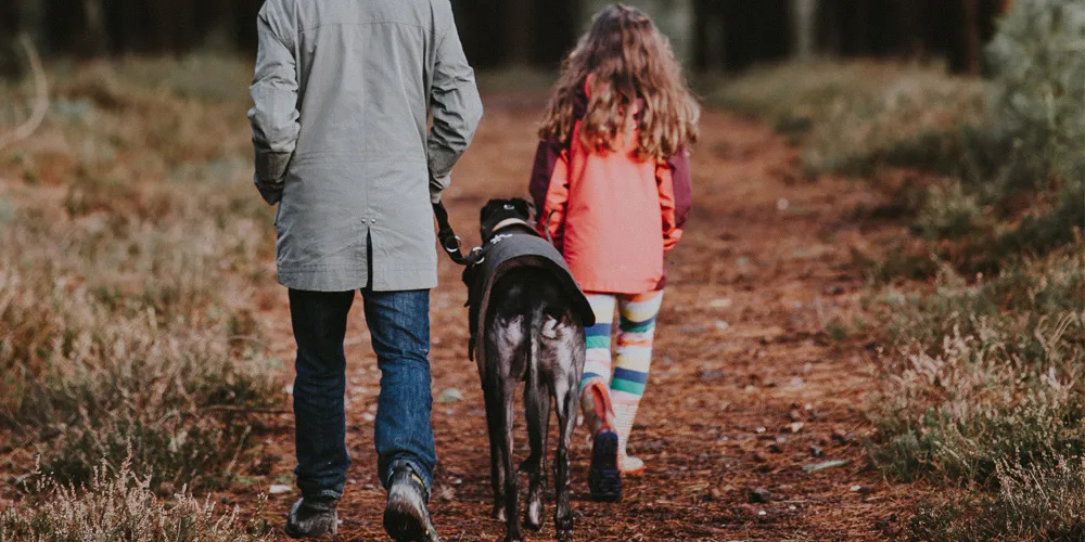 Family stroll with dog on path